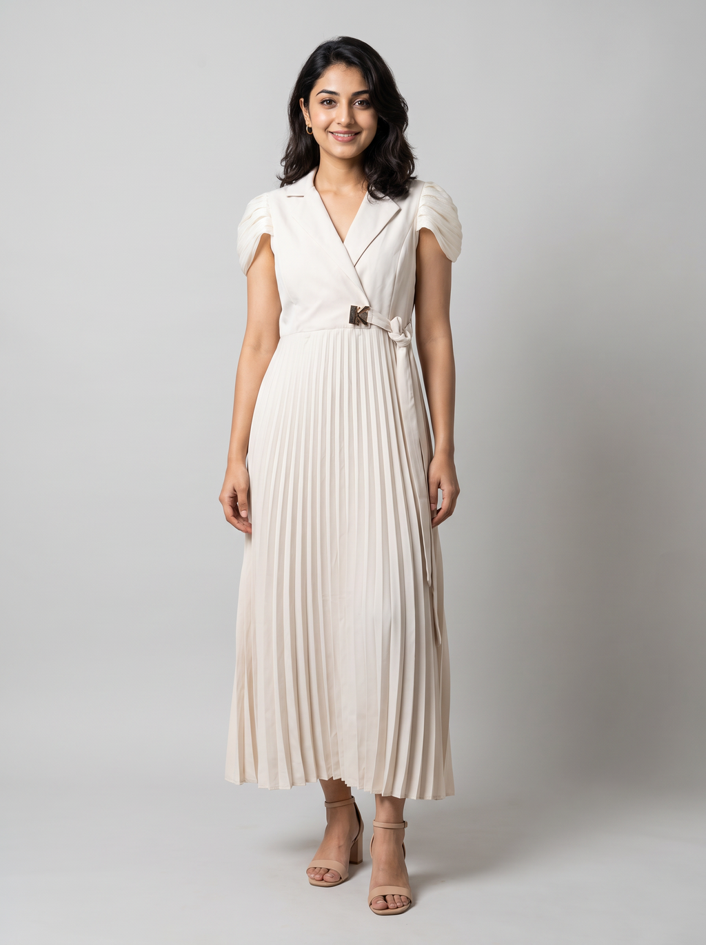 Pleated Lapel-Collar Midi Dress