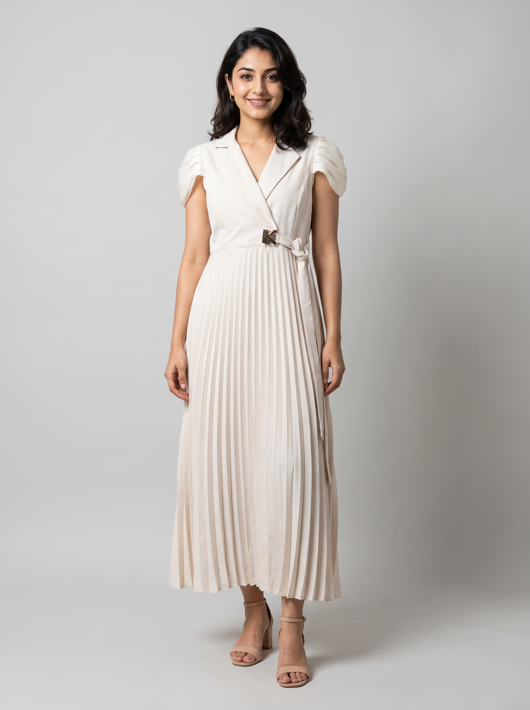 Pleated Lapel-Collar Midi Dress