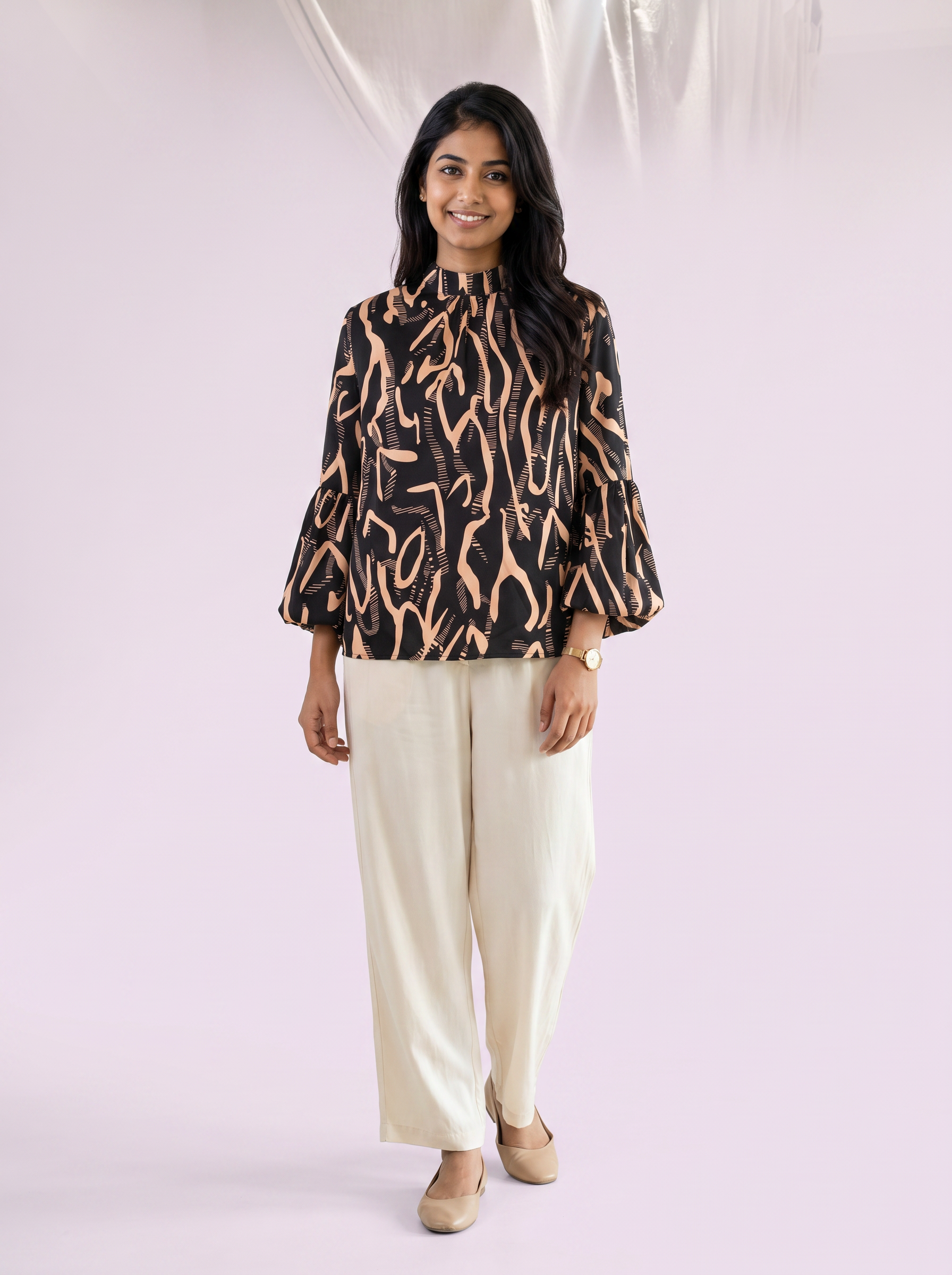 Abstract printed Balloon sleeve top