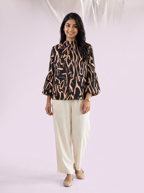 Abstract printed Balloon sleeve top