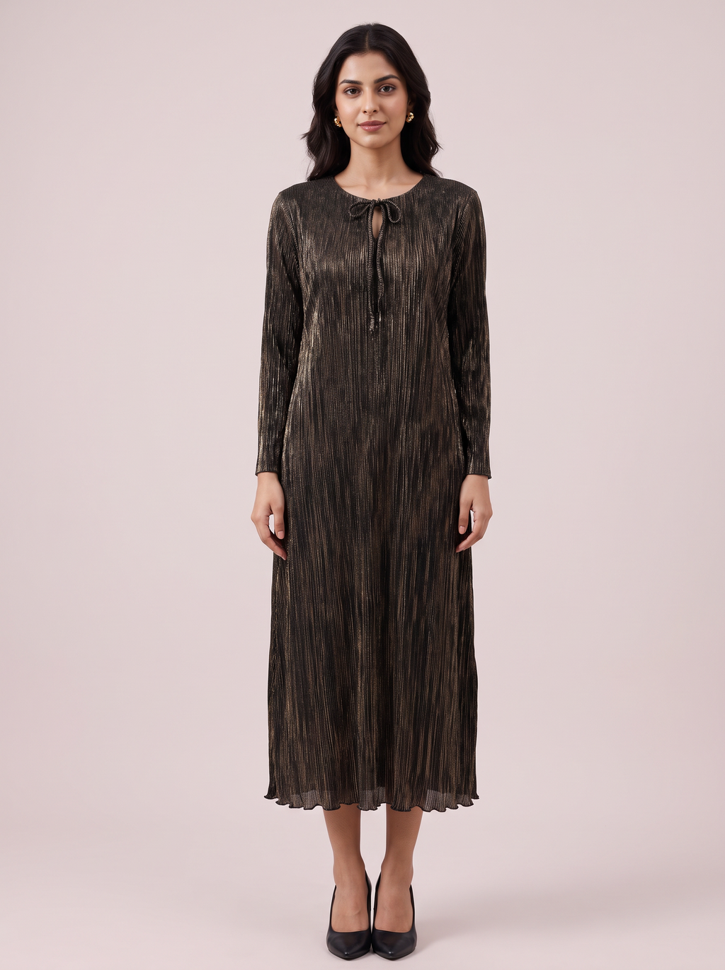 Metallic Bronze Plissé Long-Sleeve Midi Dress