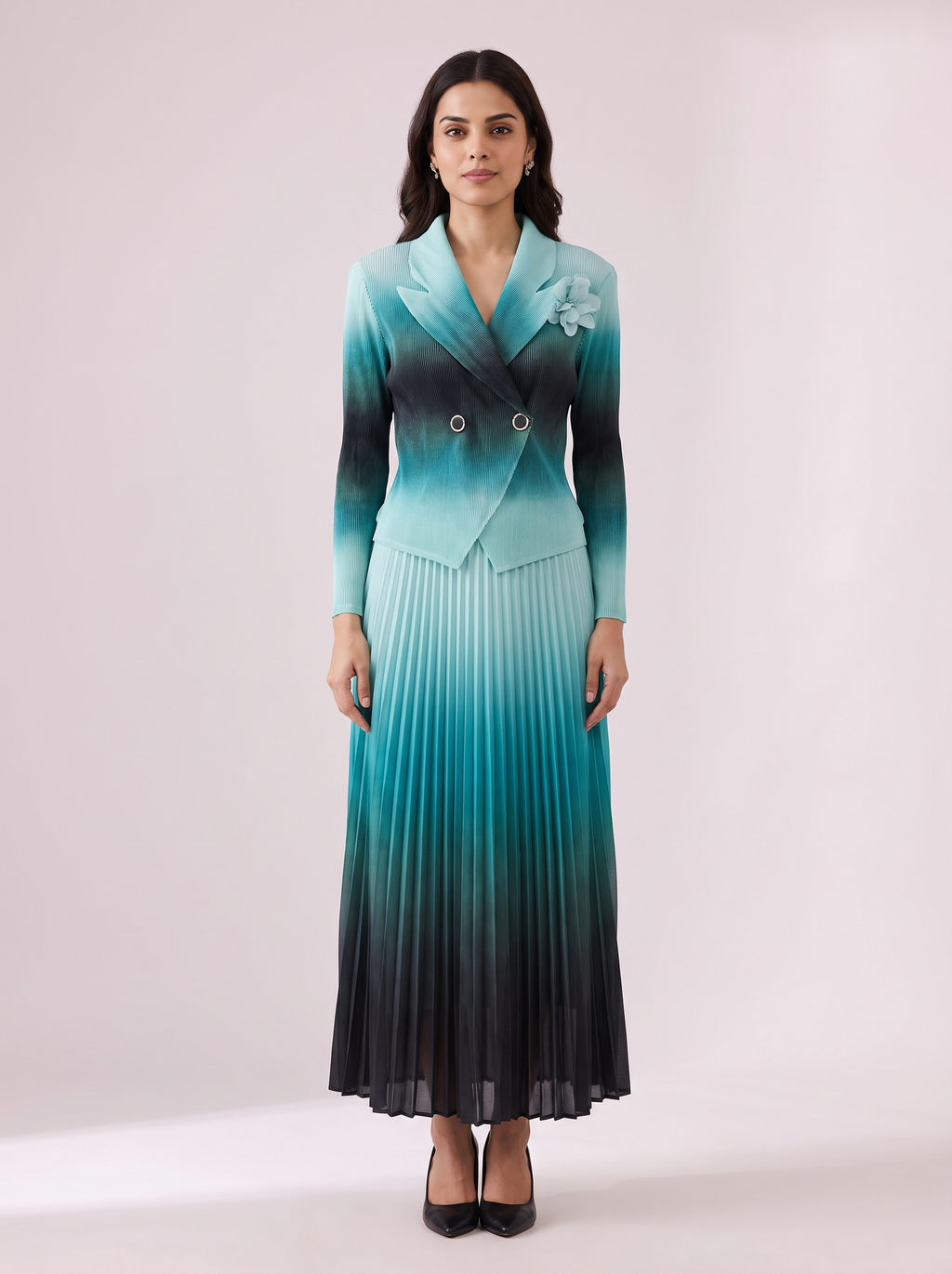 Ombre Double-Breasted Pleated Dress