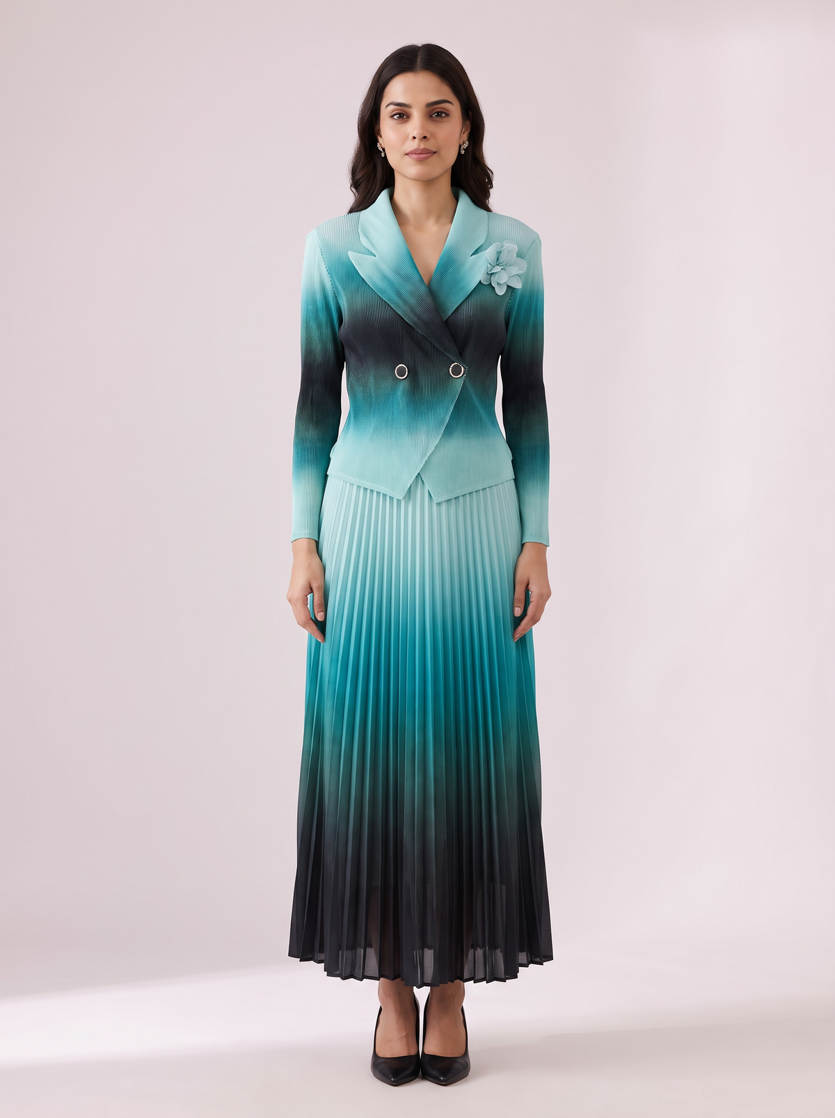 Ombre Double-Breasted Pleated Dress