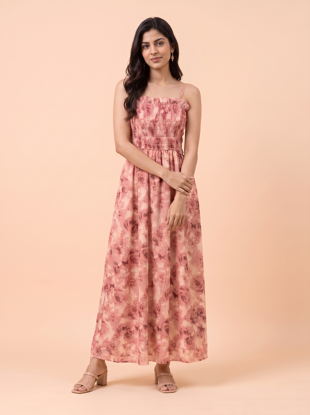 Dusty Rose Watercolor Floral Smocked Maxi Dress