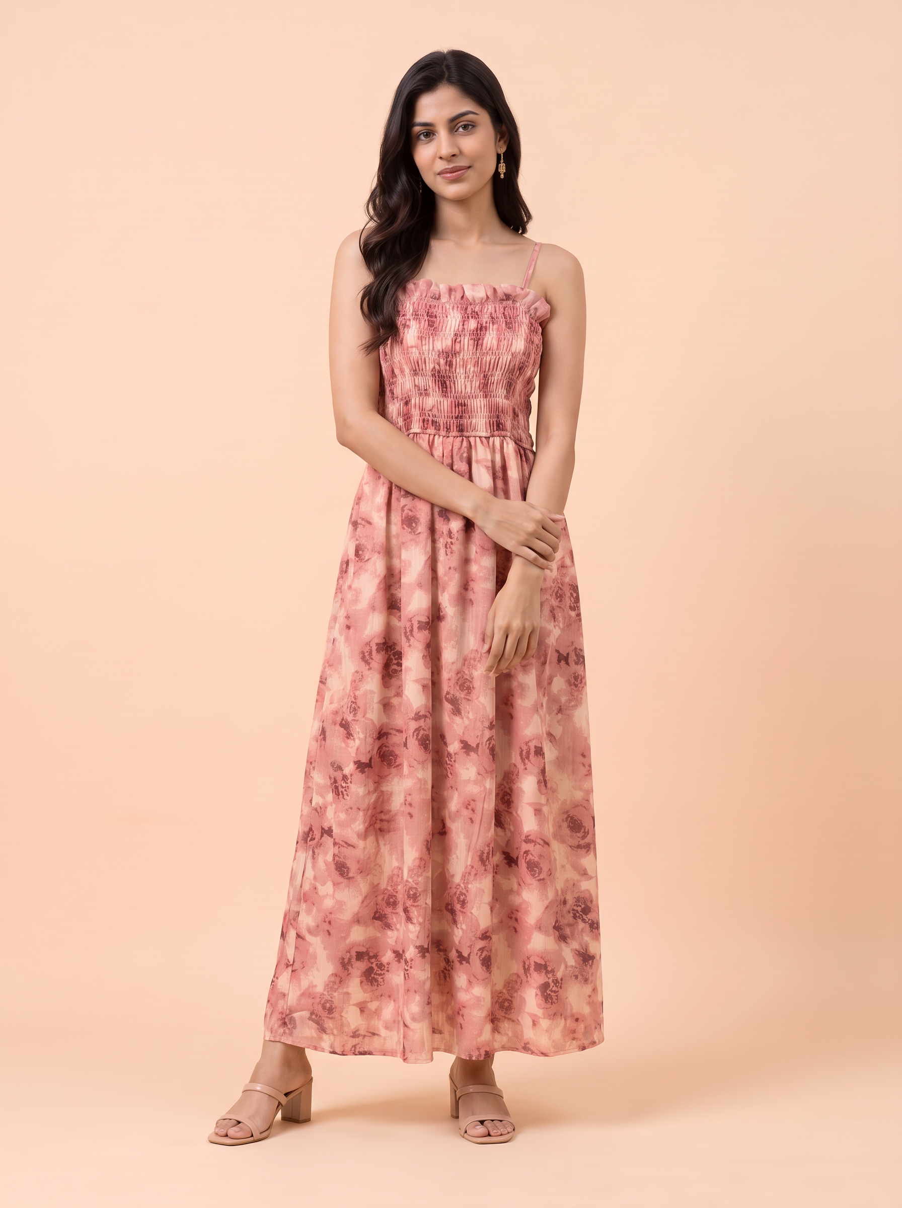 Dusty Rose Watercolor Floral Smocked Maxi Dress