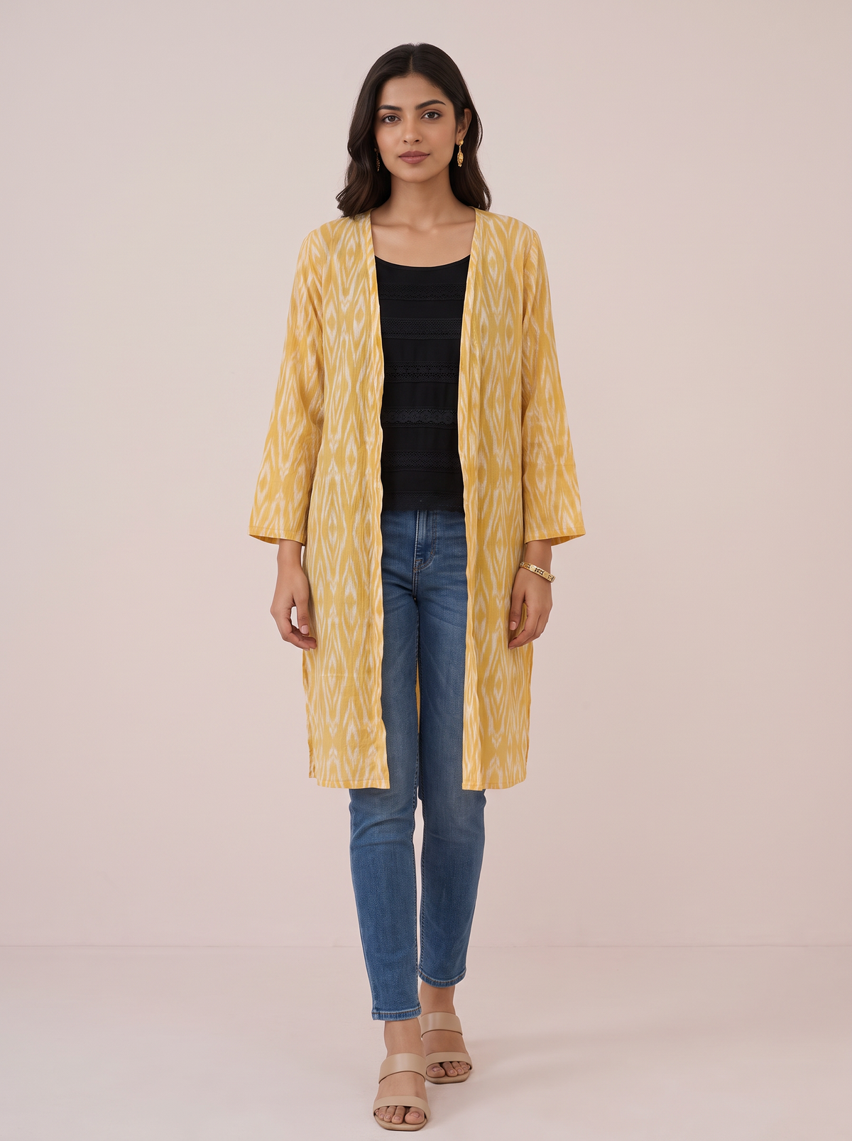 Sunlit Ochre Geometric Open-Front Midi