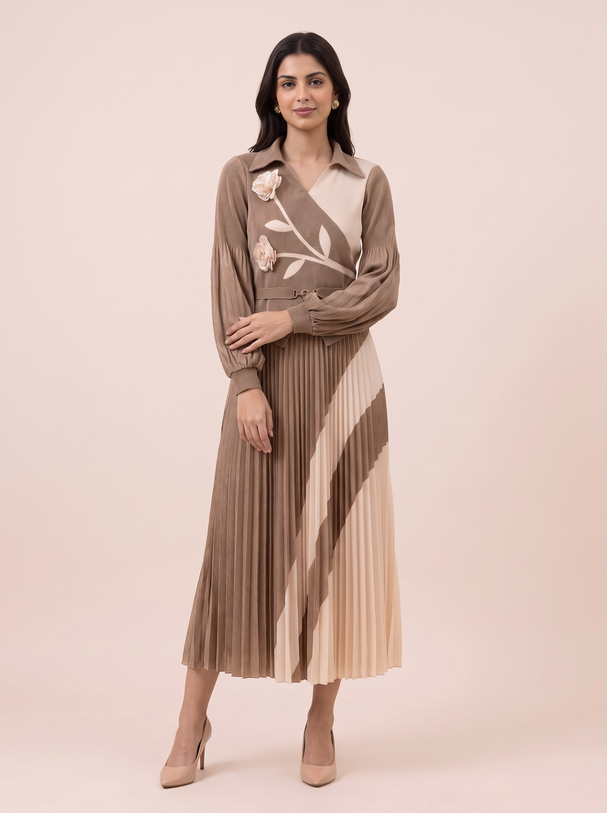 Two-Tone Floral Applique Pleated Dress