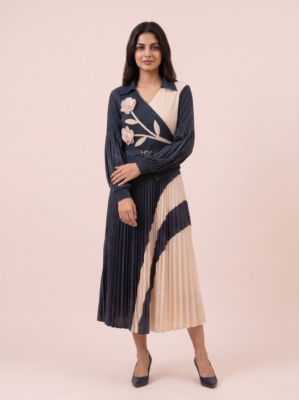 Two-Tone Floral Applique Pleated Dress