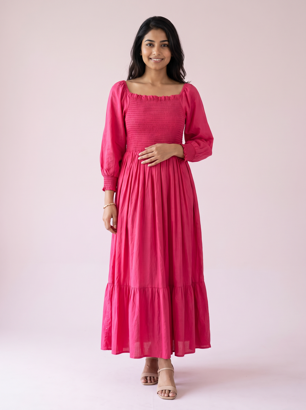 Hot Pink Smocked Long-Sleeve Tiered Maxi