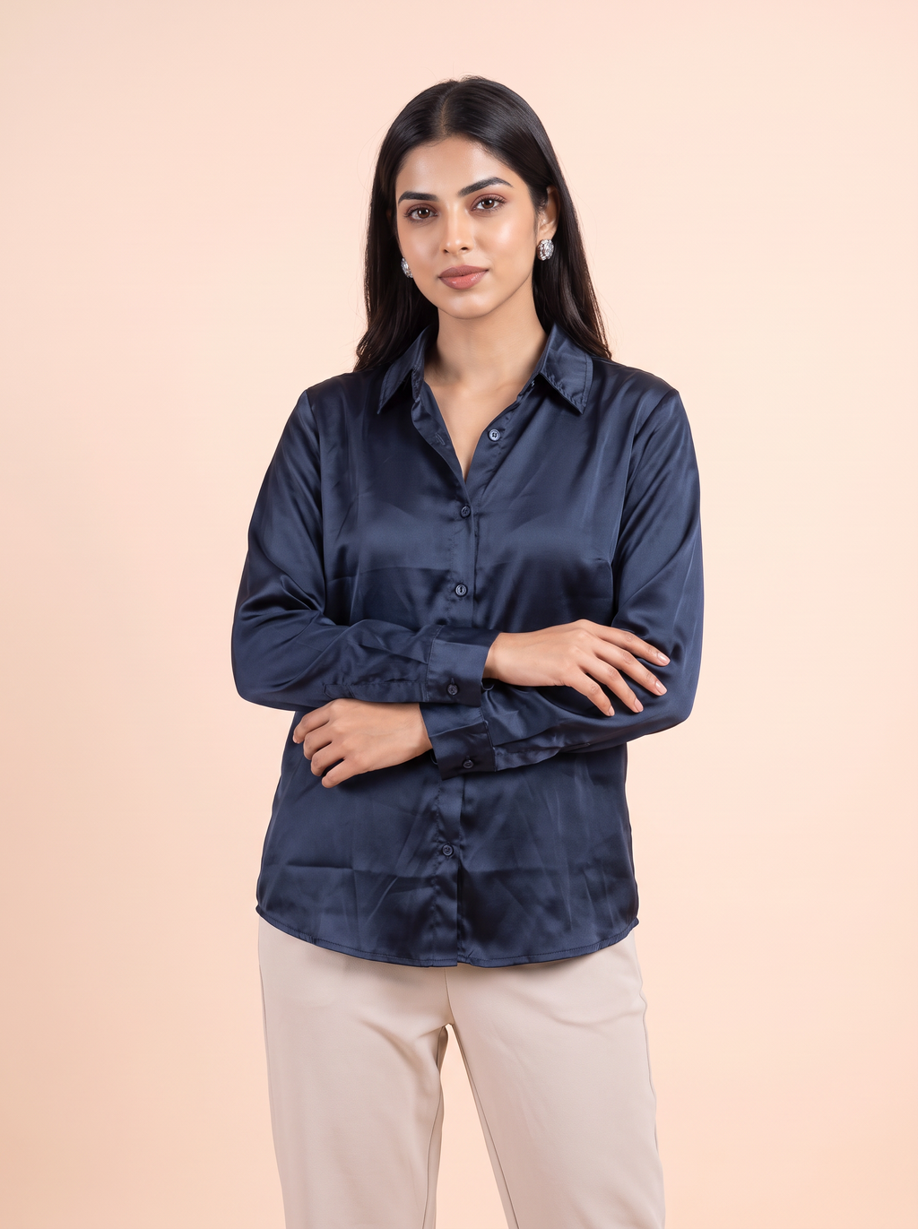 Midnight Navy Satin Button-Down Shirt