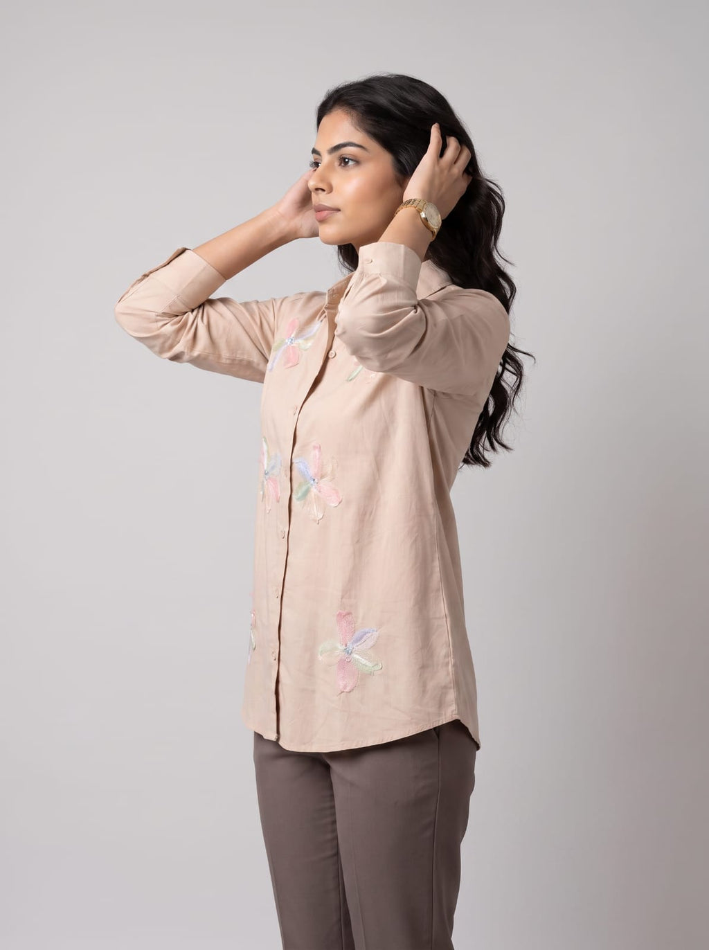 Beige Pastel Bloom Appliqué Shirt