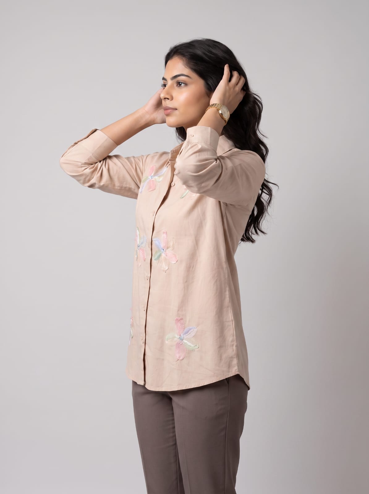 Beige Pastel Bloom Appliqué Shirt