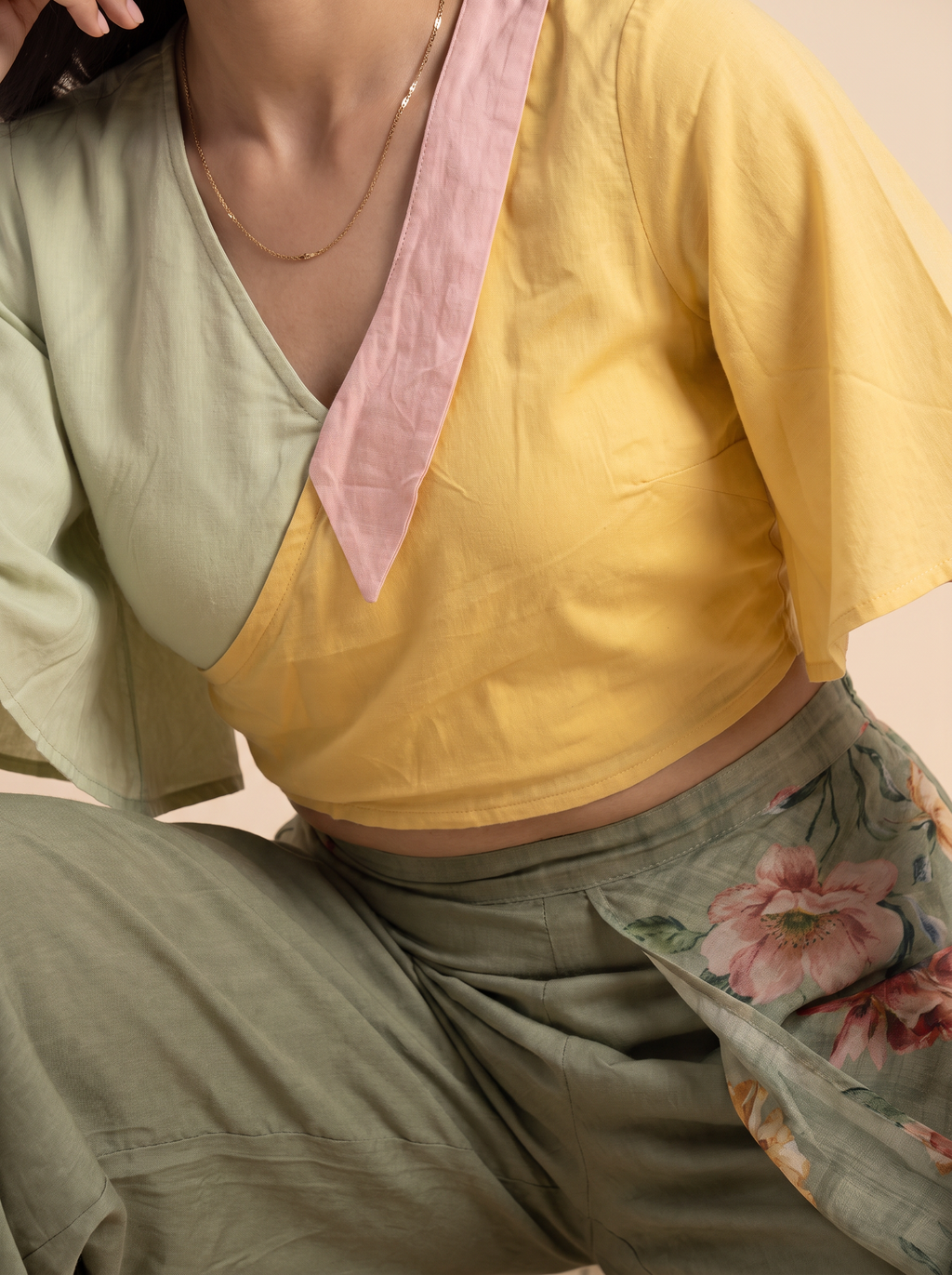 The Pastel Color-Block Wrap Crop Top