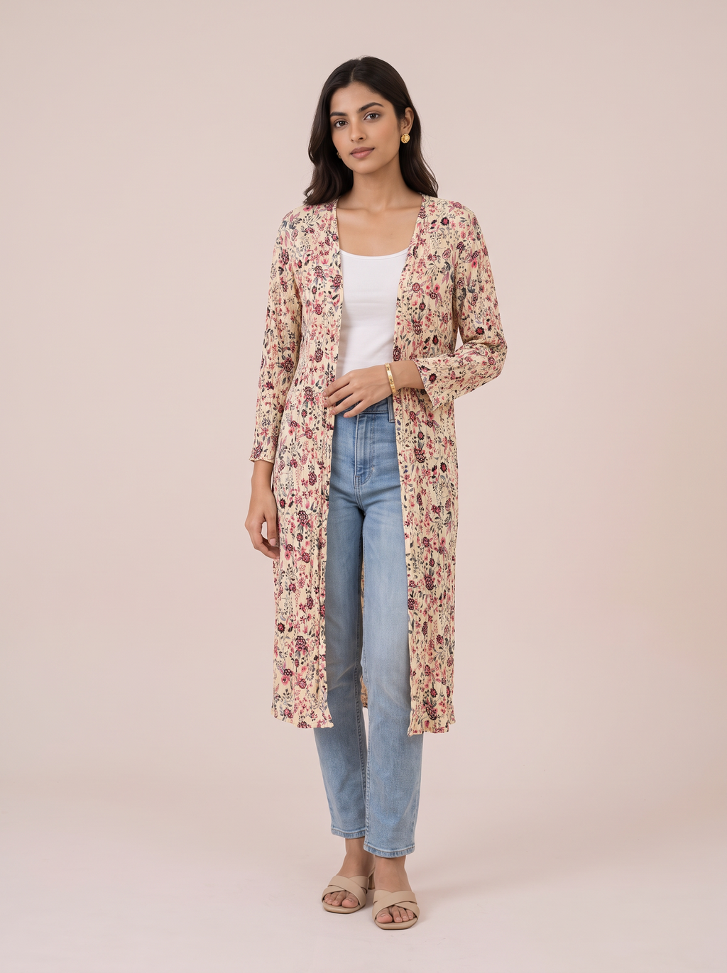 Cream Floral Crinkle Longline Shrug