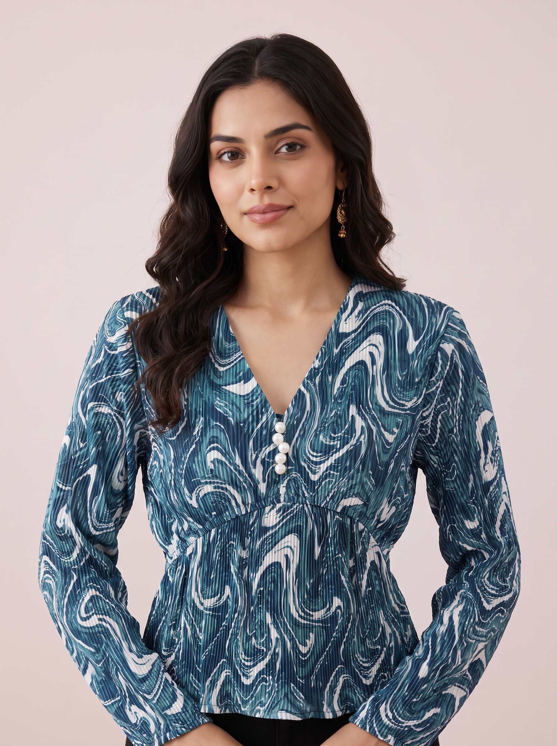 Ocean Wave Pleated V-Neck Top