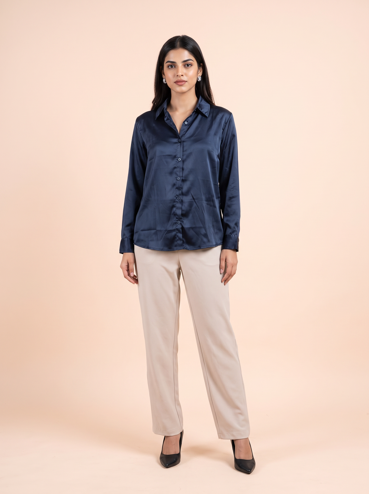 Midnight Navy Satin Button-Down Shirt