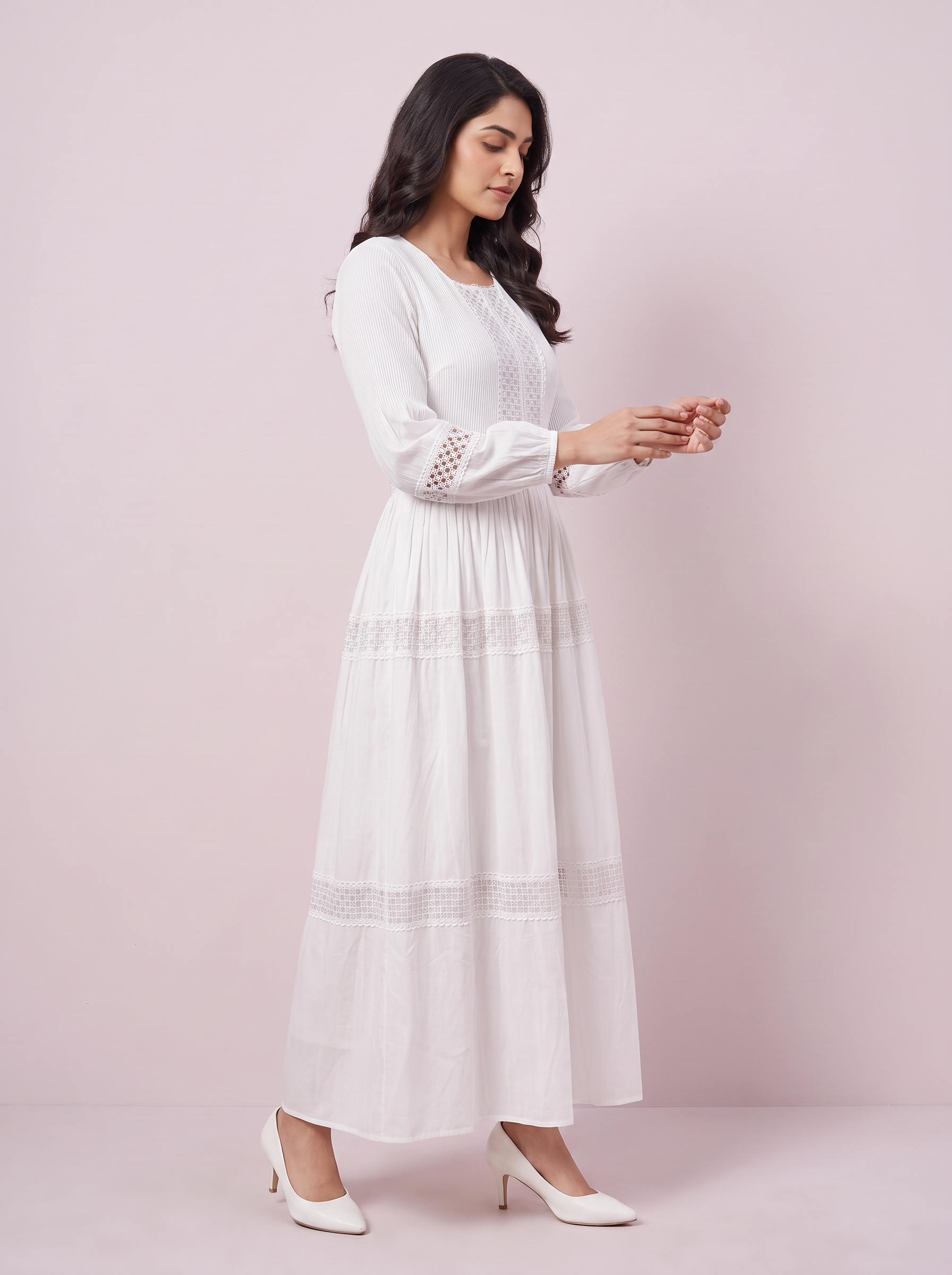 White Bohemian Crochet-Lace Pintuck Maxi Dress