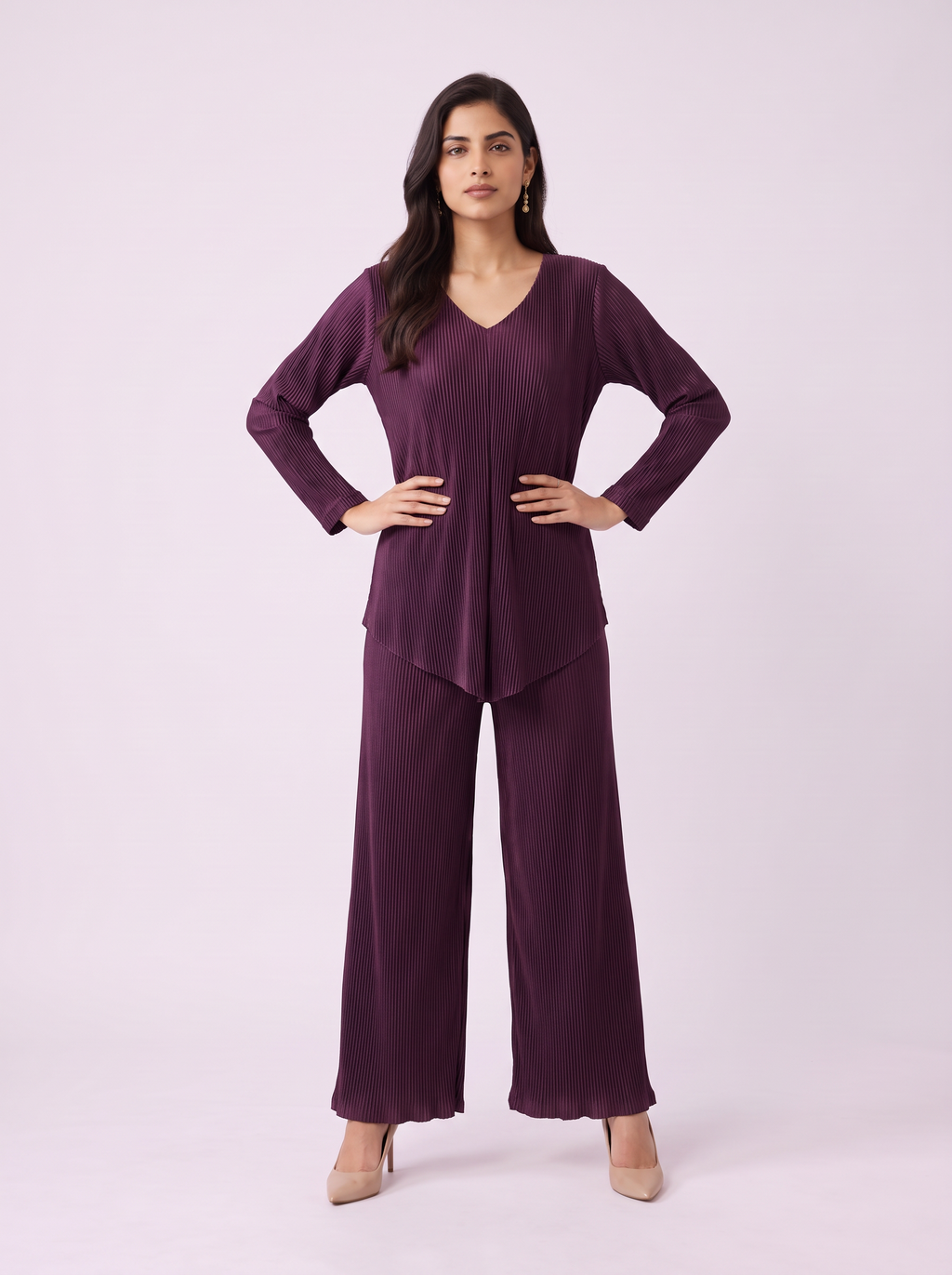 The Plum Plissé V-Neck Co-ord Set