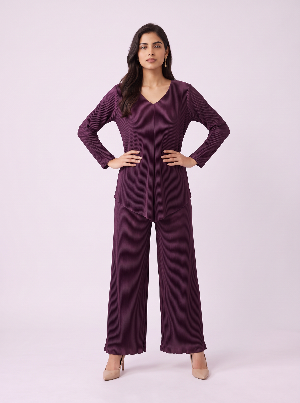 The Plum Plissé V-Neck Co-ord Set