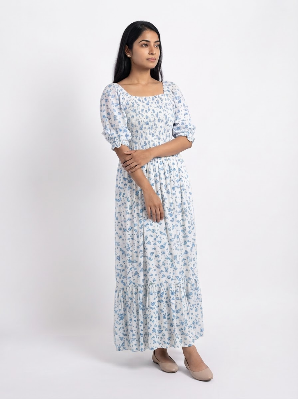 Blue Floral Smocked Tiered Maxi Dress