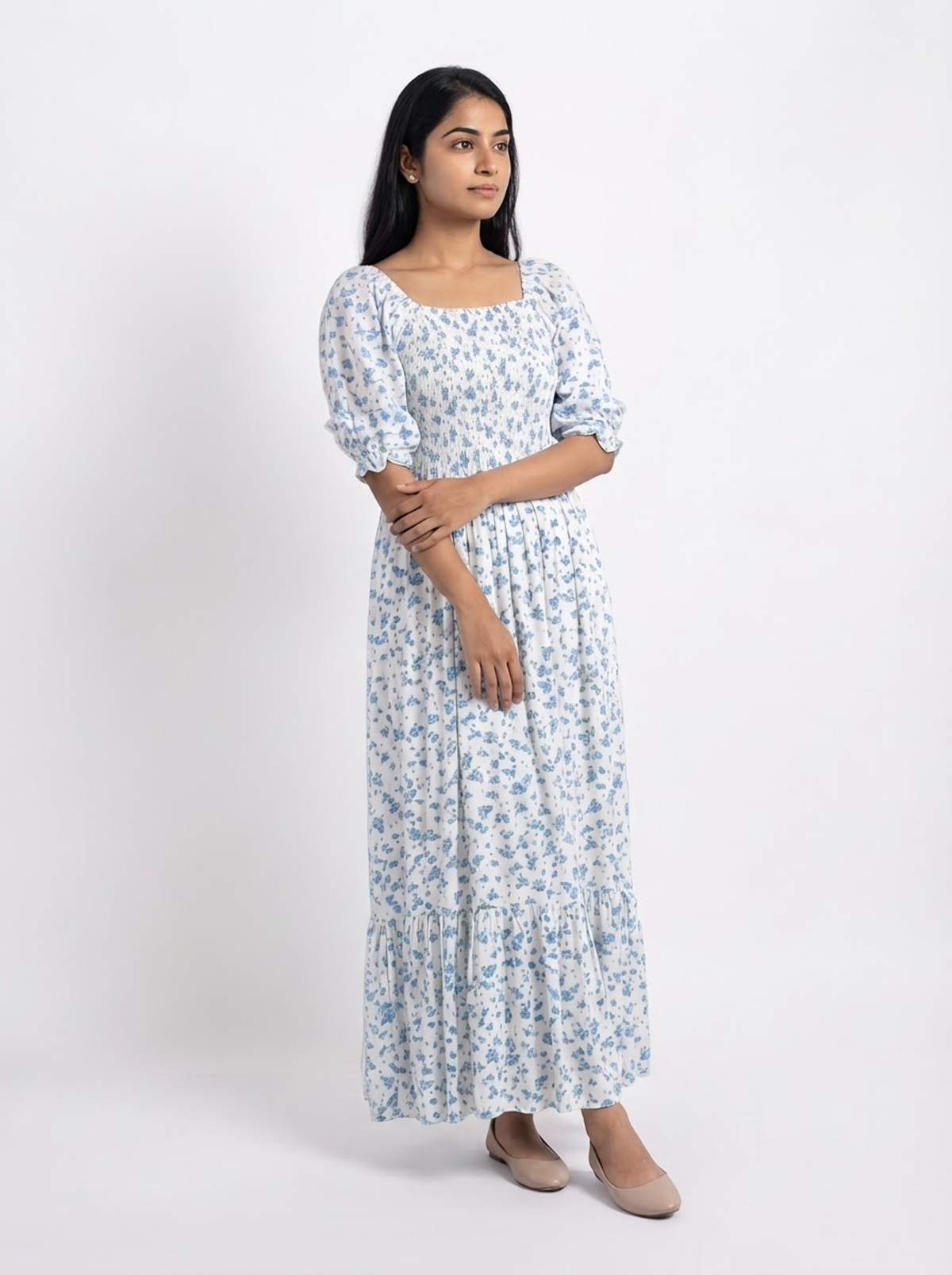 Blue Floral Smocked Tiered Maxi Dress