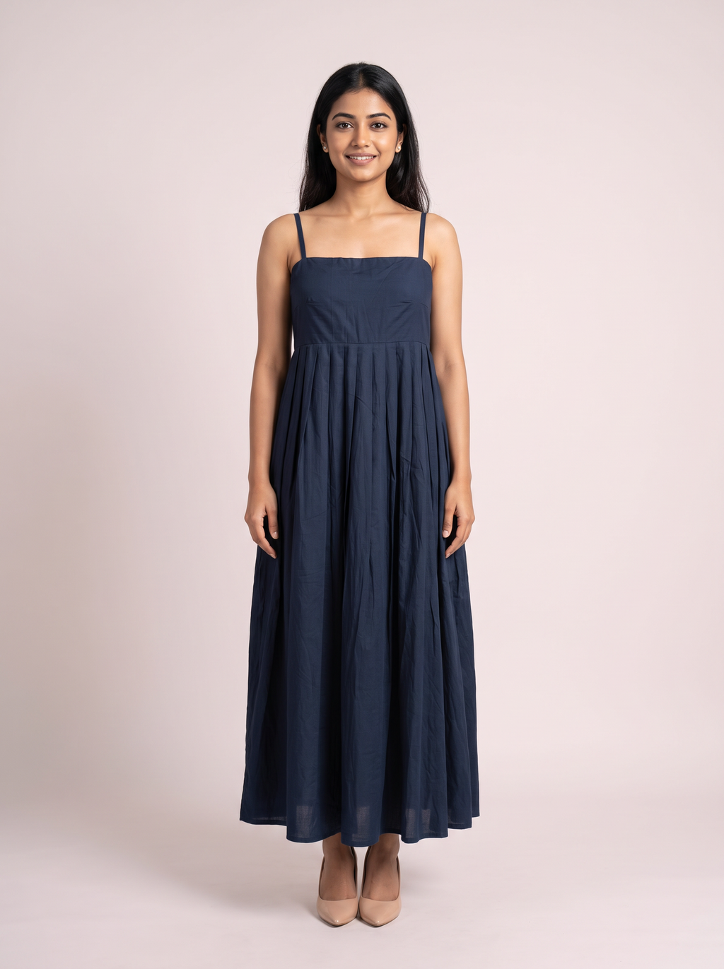 Navy Blue Pleated Strappy Maxi Dress