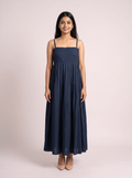 Navy Blue Pleated Strappy Maxi Dress