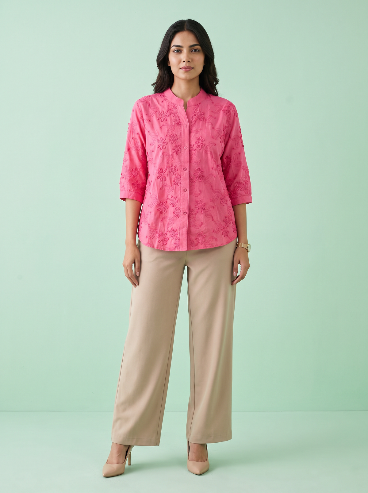 Blossom Pink Embroidered Mandarin Shirt