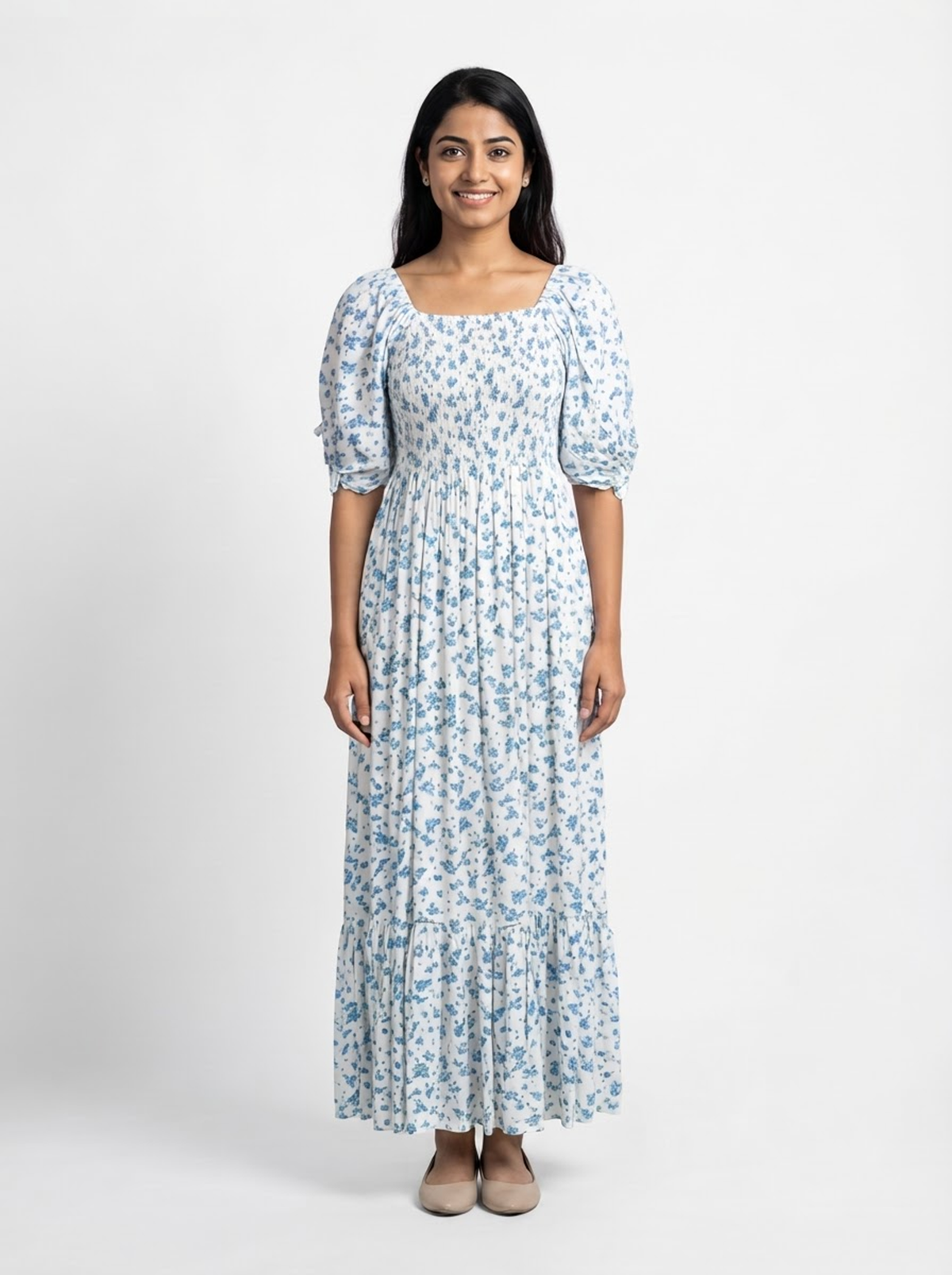 Blue Floral Smocked Tiered Maxi Dress