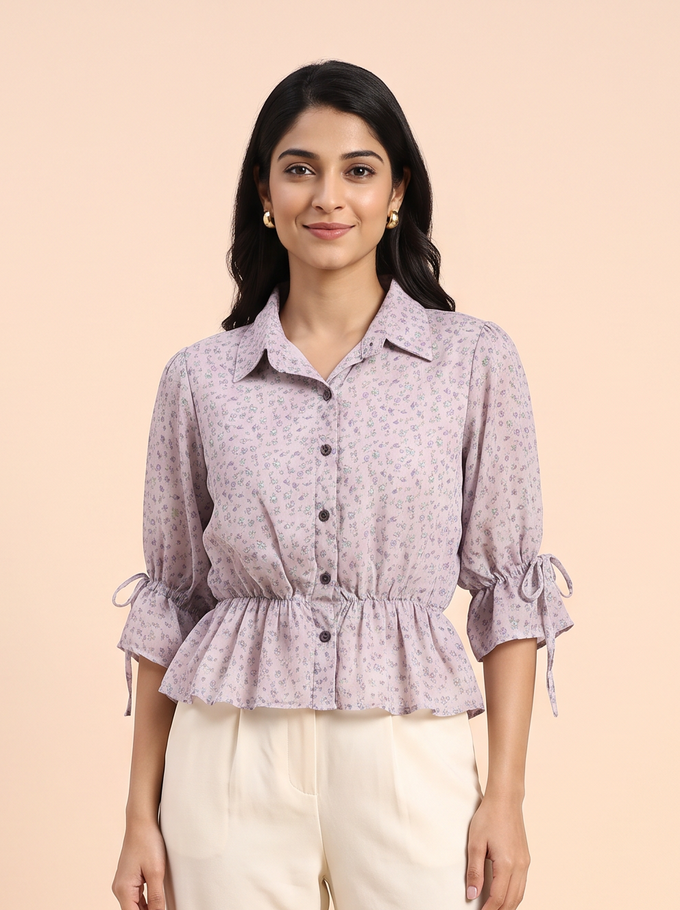Lilac Ditsy Floral Peplum Blouse