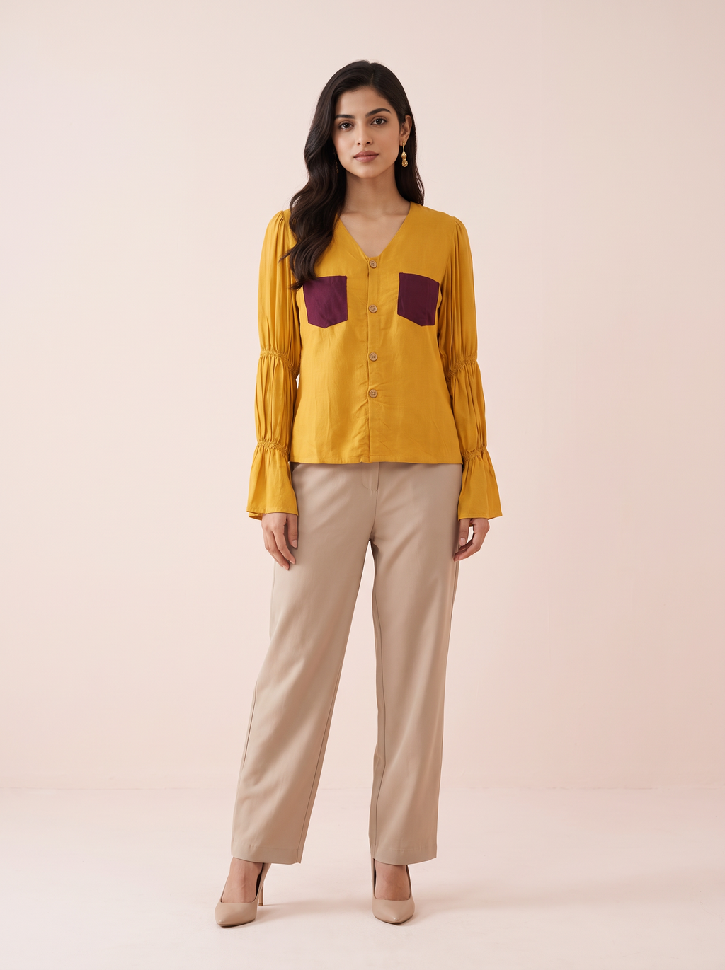 Marigold Color-Block Flute Sleeve Top