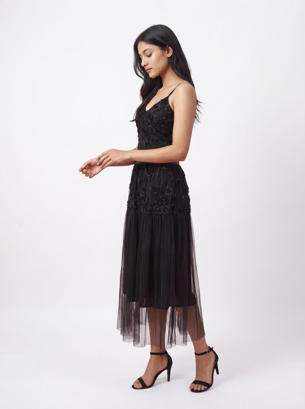 Noir Bloom Floral Appliqué Midi Dress