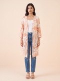 Peach Tropical Floral Longline Kimono Shrug