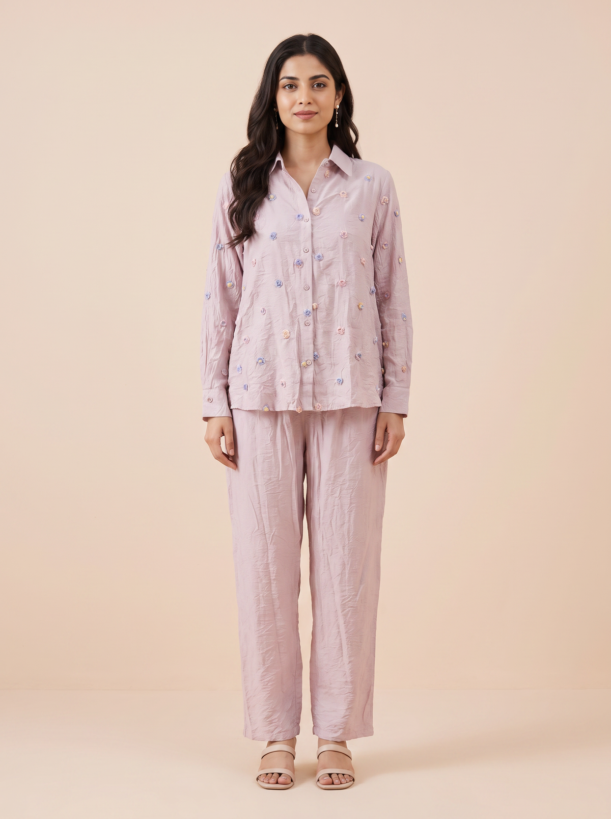 Pastel Floral Embroidered Linen Co-ord Set