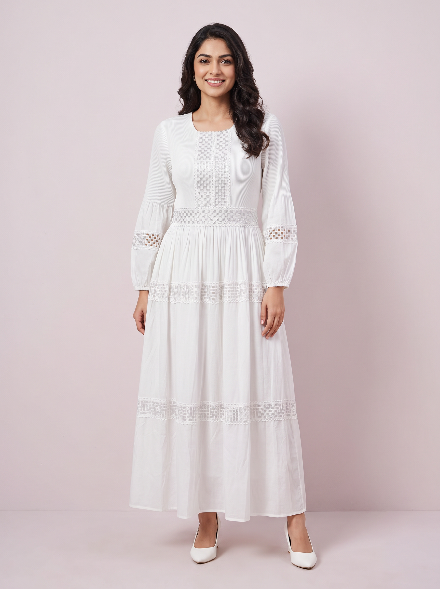 White Bohemian Crochet-Lace Pintuck Maxi Dress