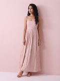 Blush Pink Pleated Strappy Maxi Dress