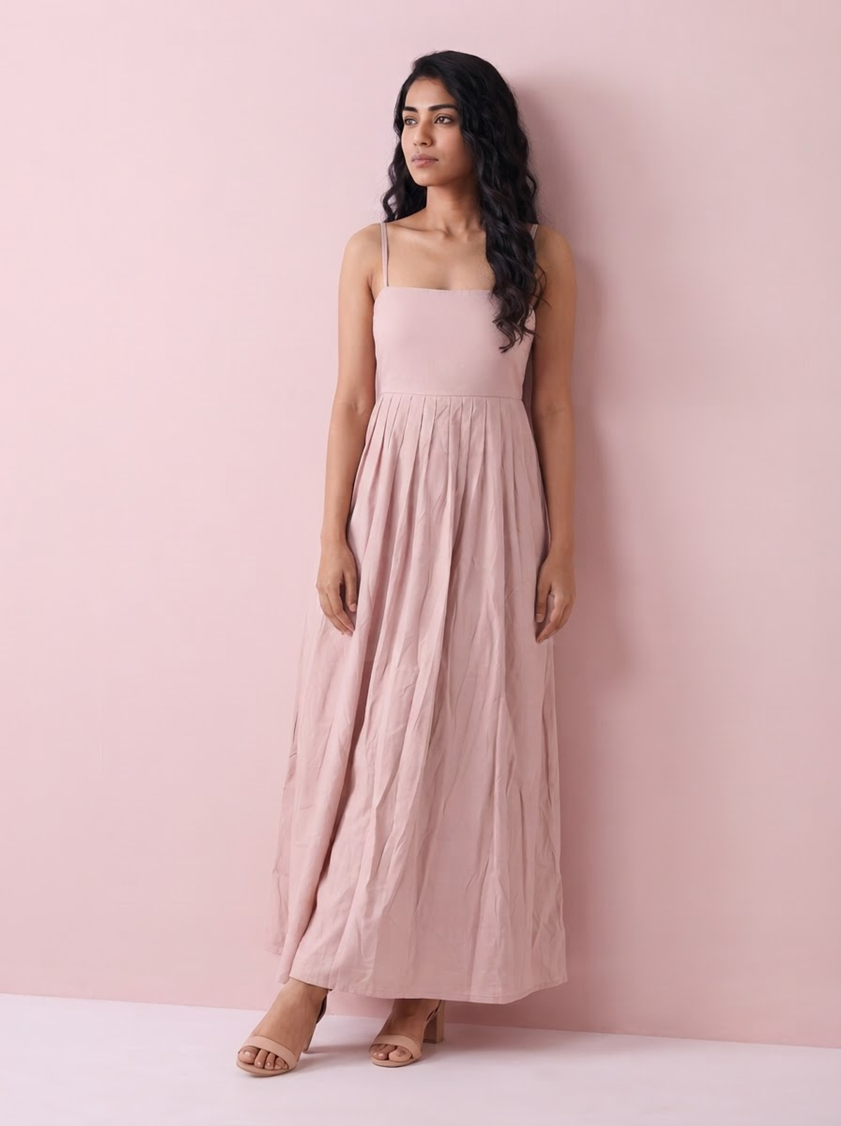 Blush Pink Pleated Strappy Maxi Dress