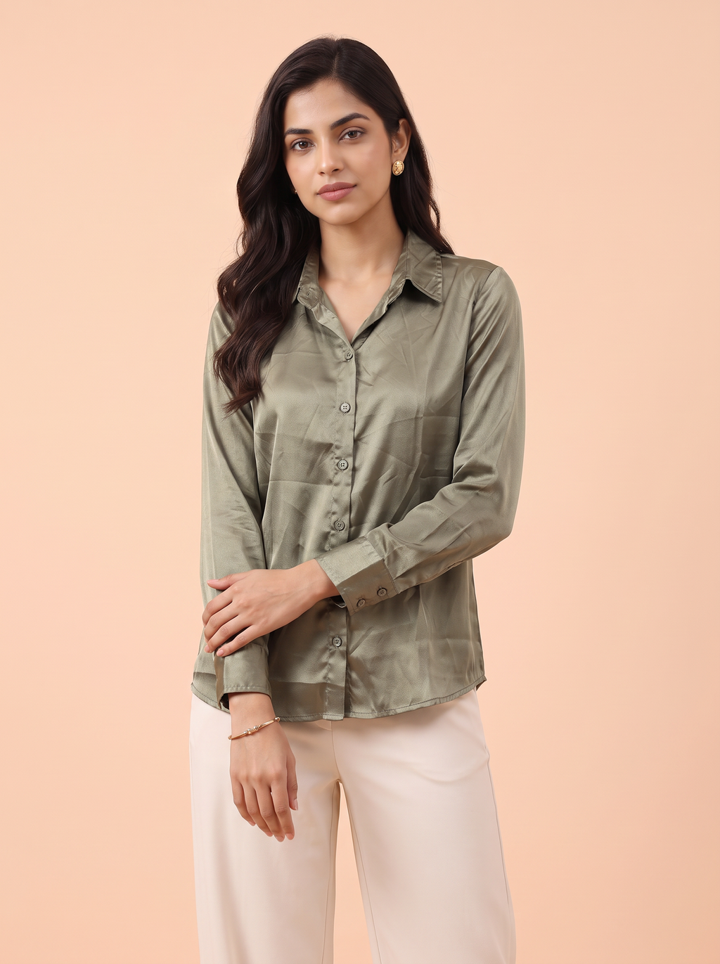 Sage Lustre Satin Button-Down Shirt