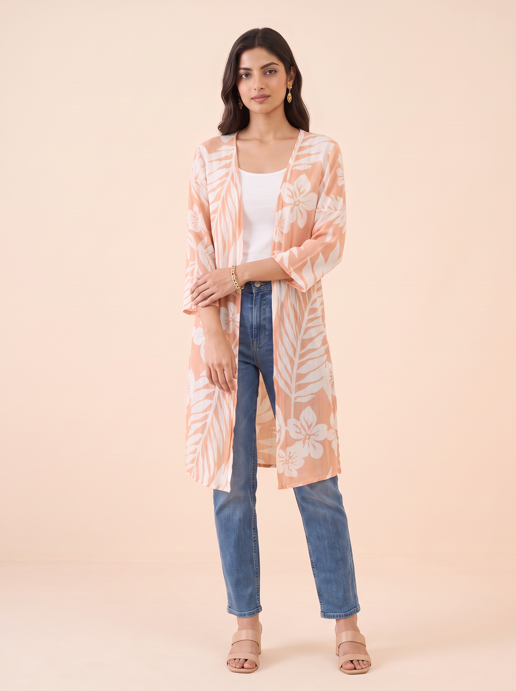 Peach Tropical Floral Longline Kimono Shrug