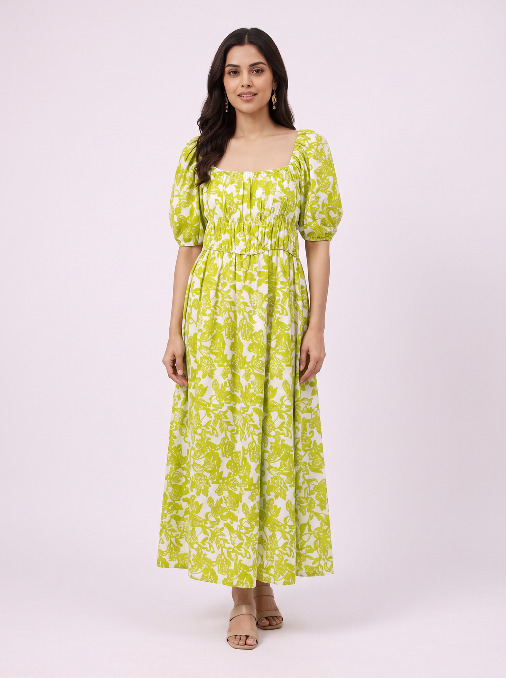 Lime Botanical Print Ruched Maxi Dress