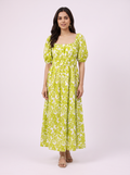 Lime Botanical Print Ruched Maxi Dress