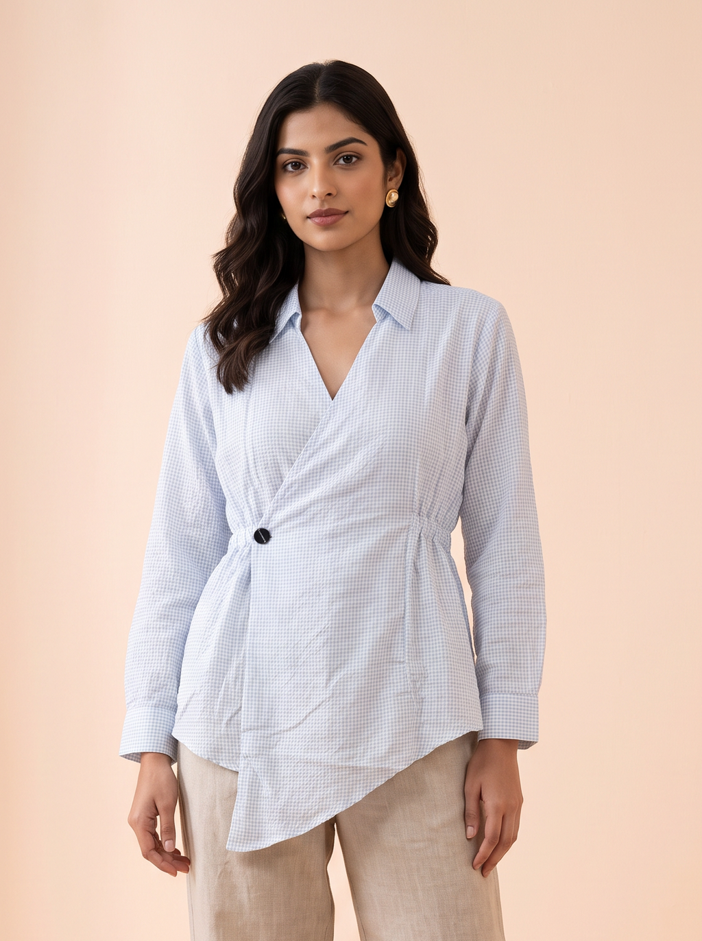 Sky Gingham Asymmetric Wrap Shirt
