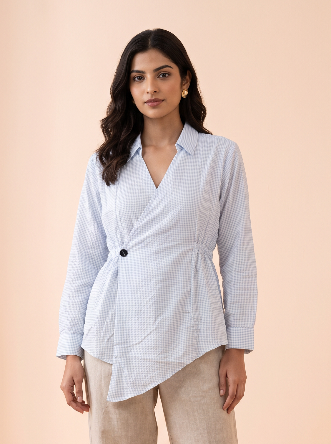 Sky Gingham Asymmetric Wrap Shirt