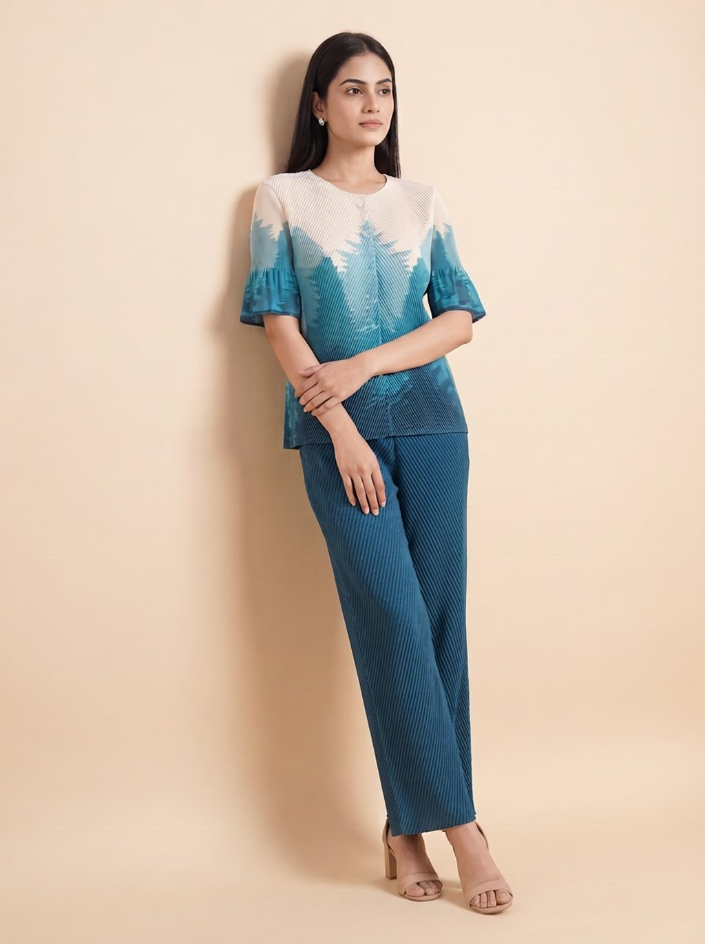 Teal Ombre Scenic Landscape Pleated Co-ord Set
