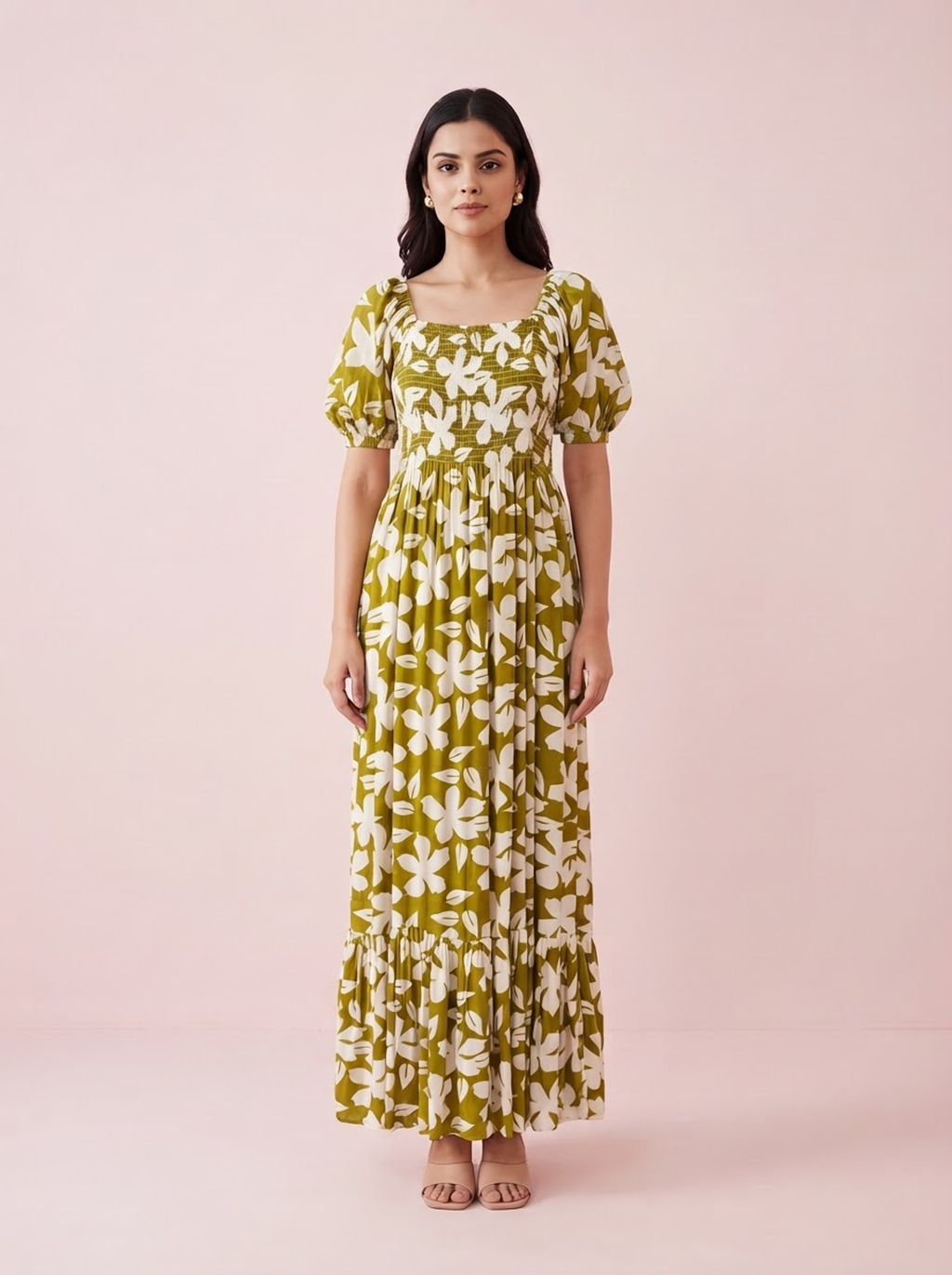 Olive Green Floral Smocked Maxi Dress