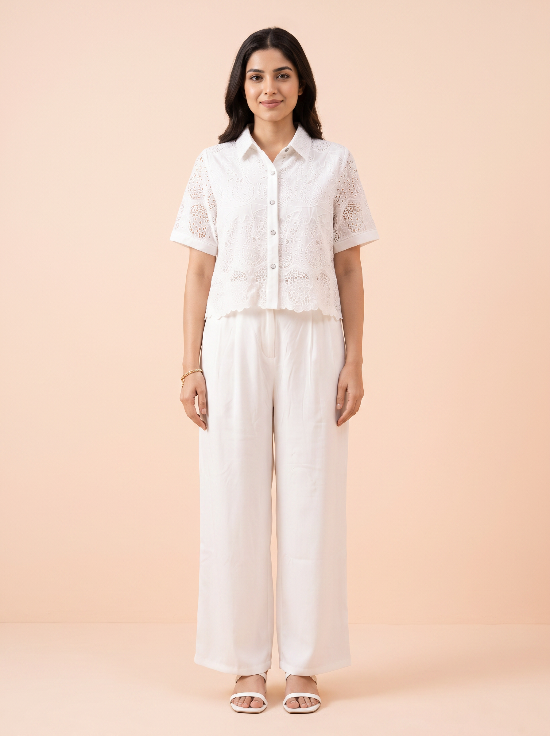 Ivory Lace Bloom Linen khadi Co-ord set
