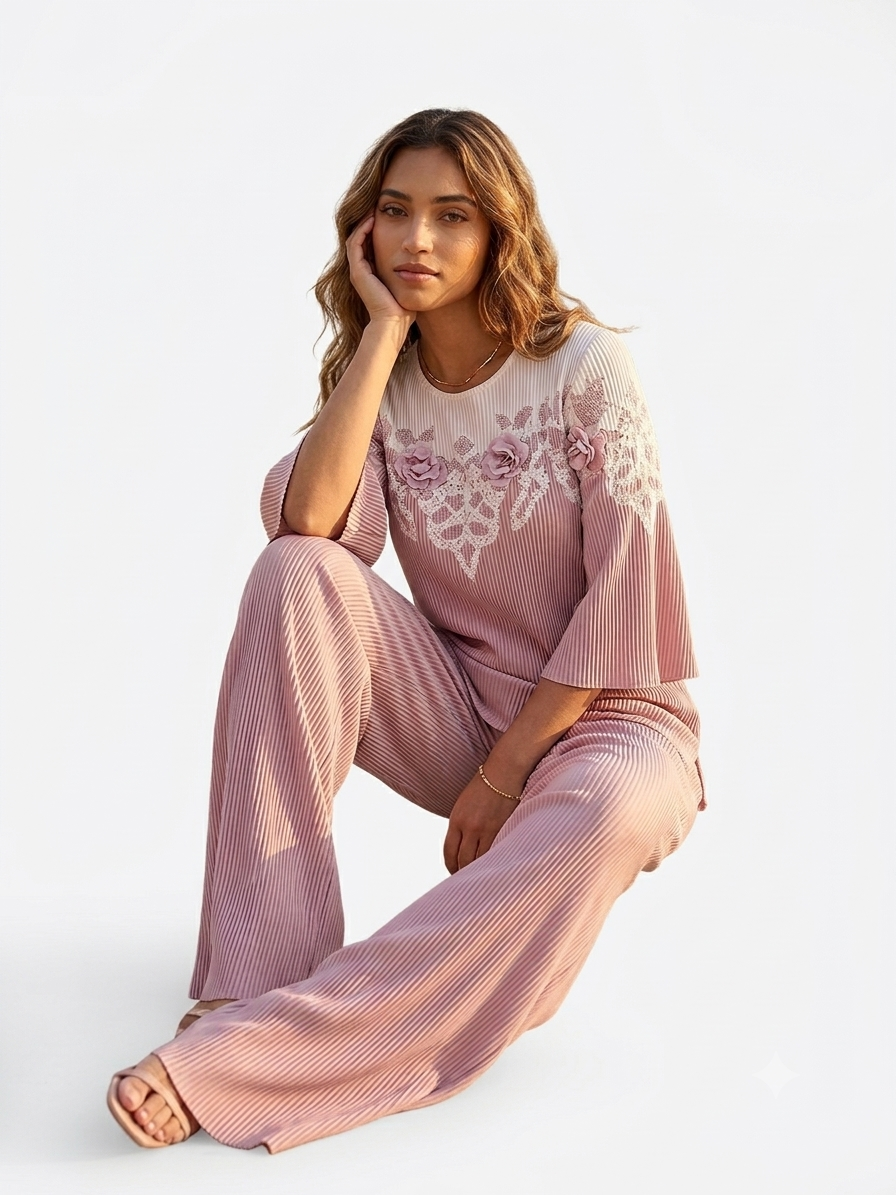 The Rosé Plissé Bell-Sleeve Co-ord Set