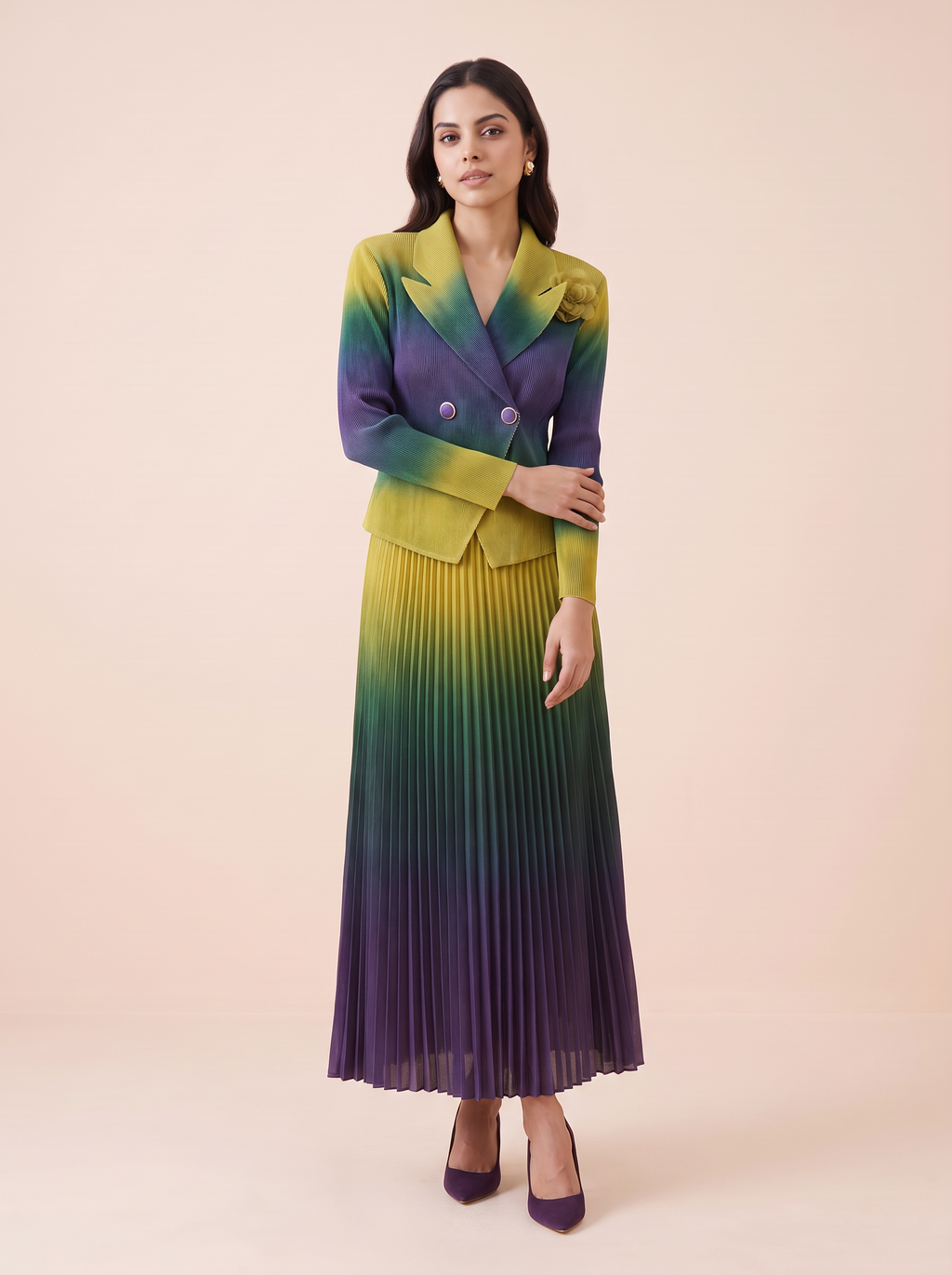 Ombre Double-Breasted Pleated Dress