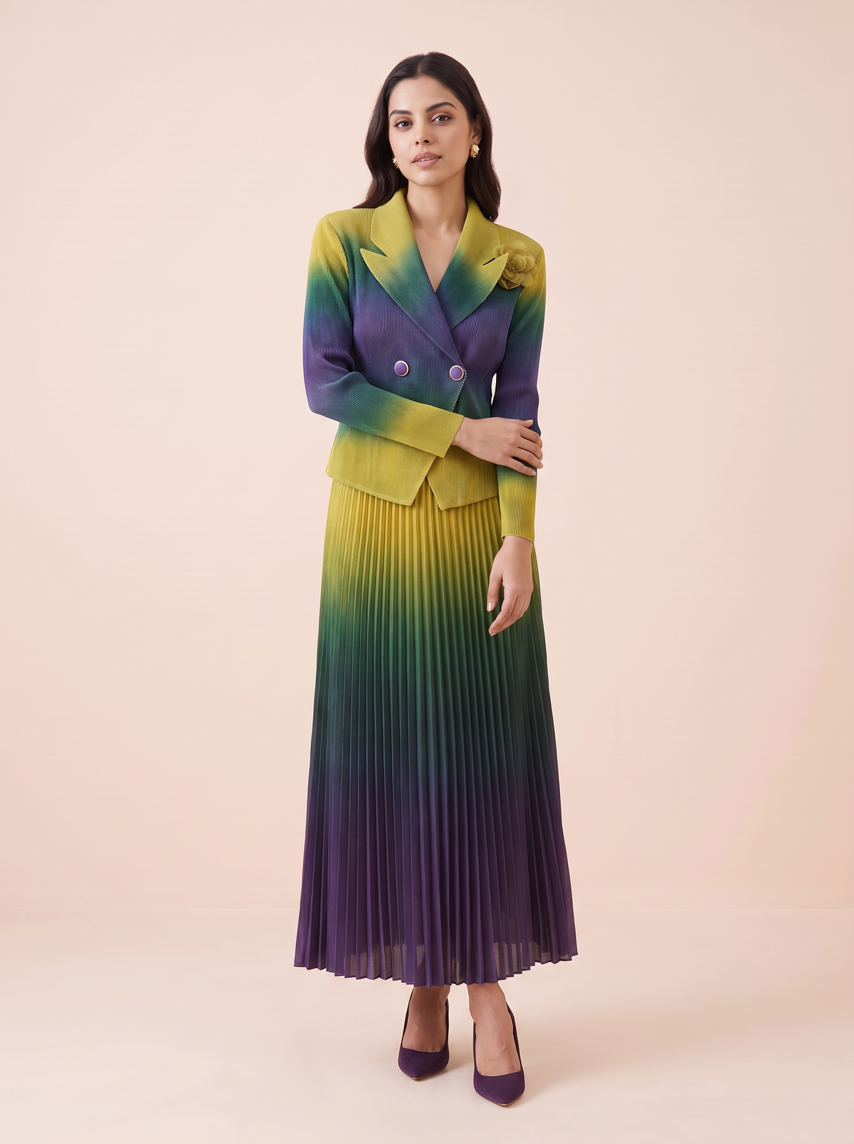 Ombre Double-Breasted Pleated Dress