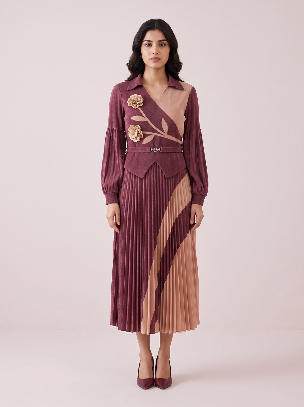 Two-Tone Floral Appliqué Pleated  Dress